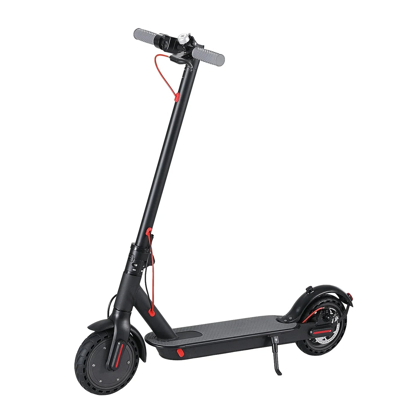 Black electric scooter with red accents, kickstand, solid tires, and handlebar grips