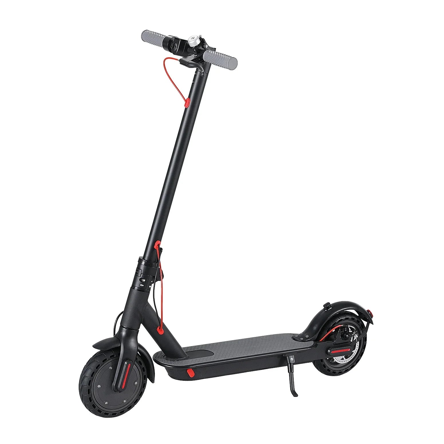 Black electric scooter with red accents, kickstand, solid tires, and handlebar grips