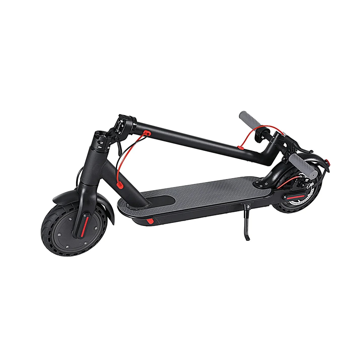 Foldable black electric scooter with red accents, kickstand, and textured foot deck
