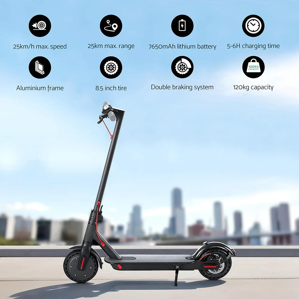 Black electric scooter with 8.5 inch tires, aluminum frame, city background, key features listed