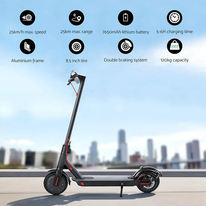 Black electric scooter with 8.5 inch tires, aluminum frame, city background, key features listed
