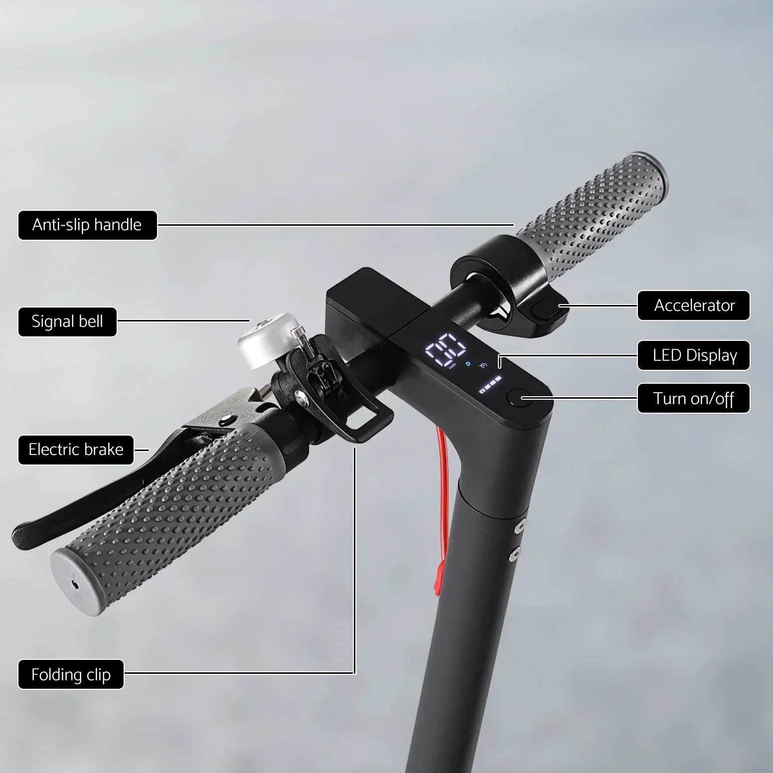 Electric scooter handlebar with LED display, accelerator, electric brake, and anti-slip grips