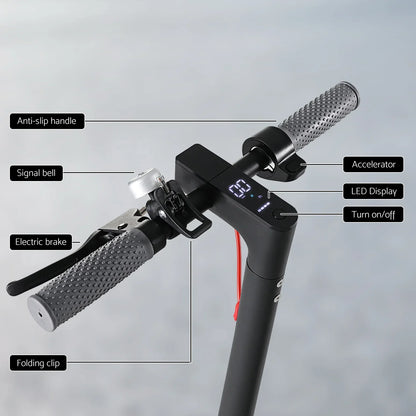 Electric scooter handlebar with LED display, accelerator, electric brake, and anti-slip grips