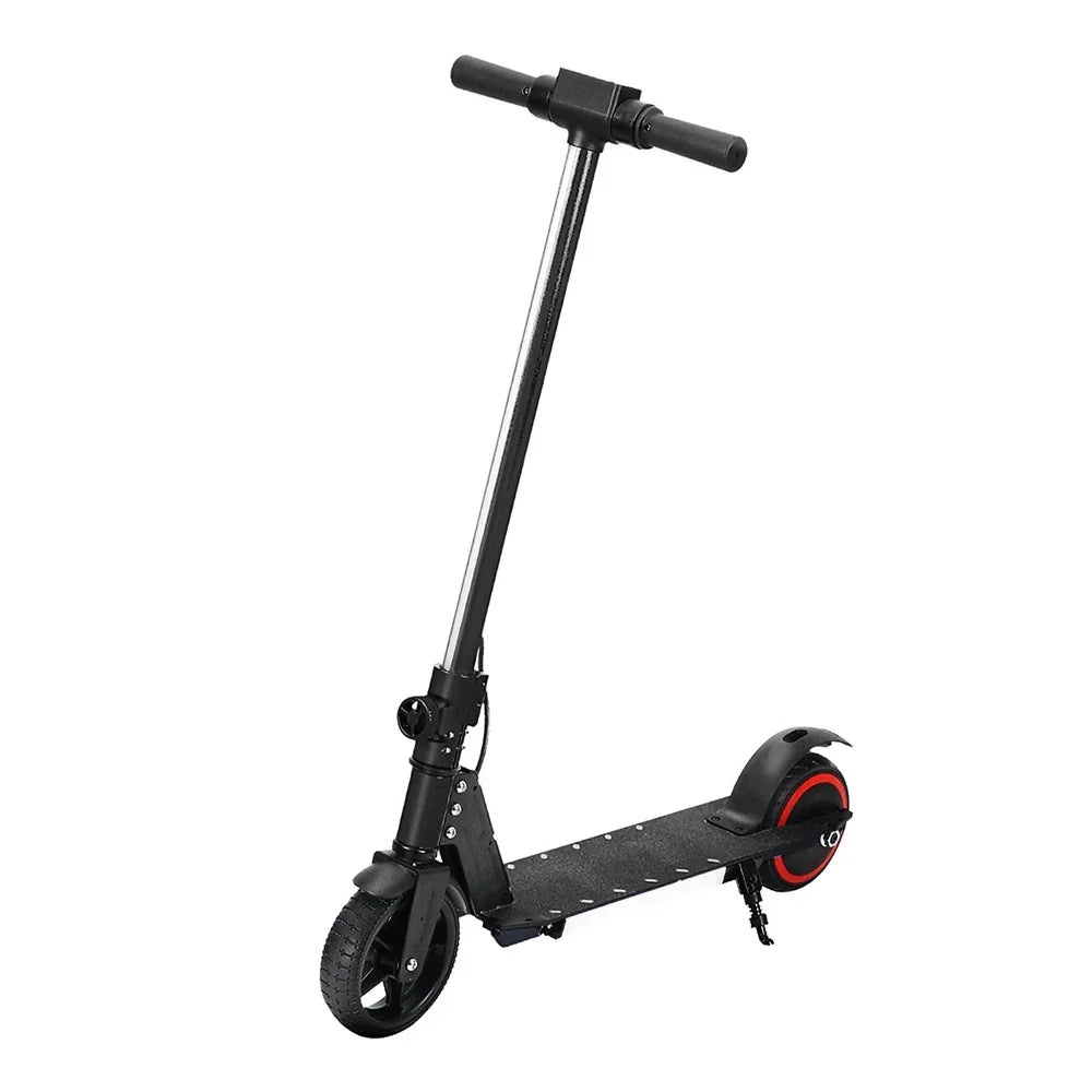Black electric scooter with red rear wheel accent, standing on a white background