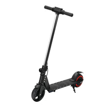 Black electric scooter with red rear wheel accent, standing on a white background