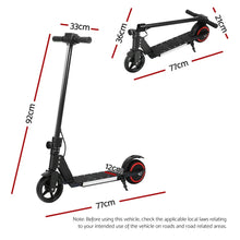 Black foldable electric scooter with red wheel accents, shown with measurements labeled.