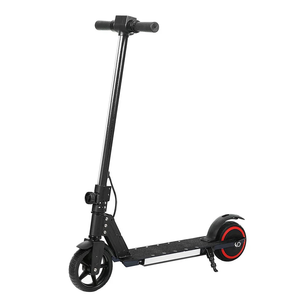 Black electric scooter with red wheel accents, standing on kickstand against white background