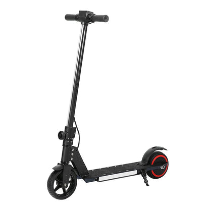 Black electric scooter with red wheel accents, standing on kickstand against white background
