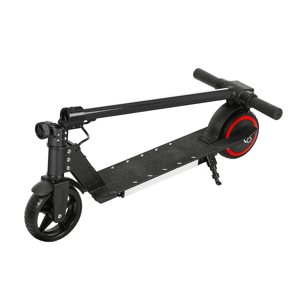 Folded black electric scooter with red accents, compact and portable design