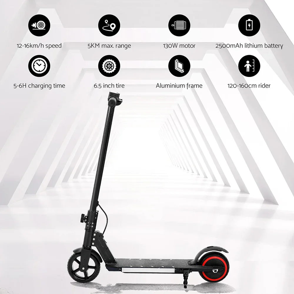 Black electric scooter with 6.5 inch tires, aluminium frame, and listed specs on white background