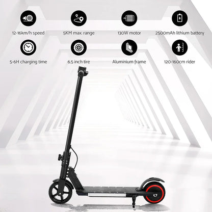 Black electric scooter with 6.5 inch tires, aluminium frame, and listed specs on white background