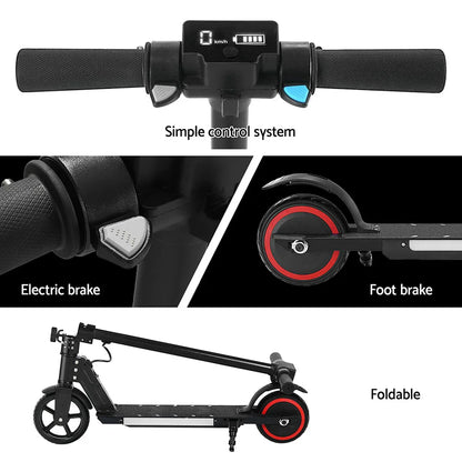 Black foldable electric scooter with control system, electric brake, foot brake, red trim wheels.