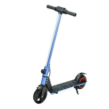 Blue foldable electric scooter with black handlebars and red-accented rear tire on white background
