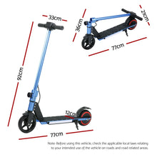 Blue foldable electric scooter with size measurements, upright and folded views
