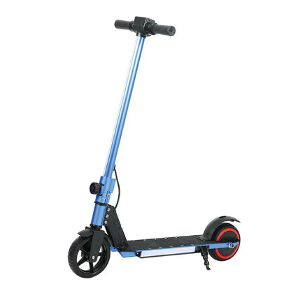 Blue electric scooter with black handlebars and red-accented rear wheel, isolated on white