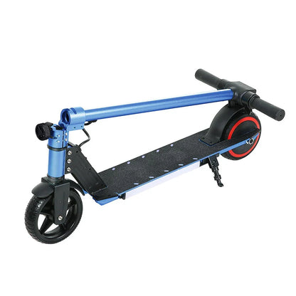 Foldable blue electric scooter with black deck, handlebar, and red-accented rear wheel