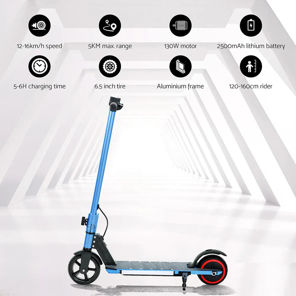 Blue electric scooter with 6.5 inch tires, aluminum frame, 130W motor, 2500mAh battery, shown in a modern white tunnel.