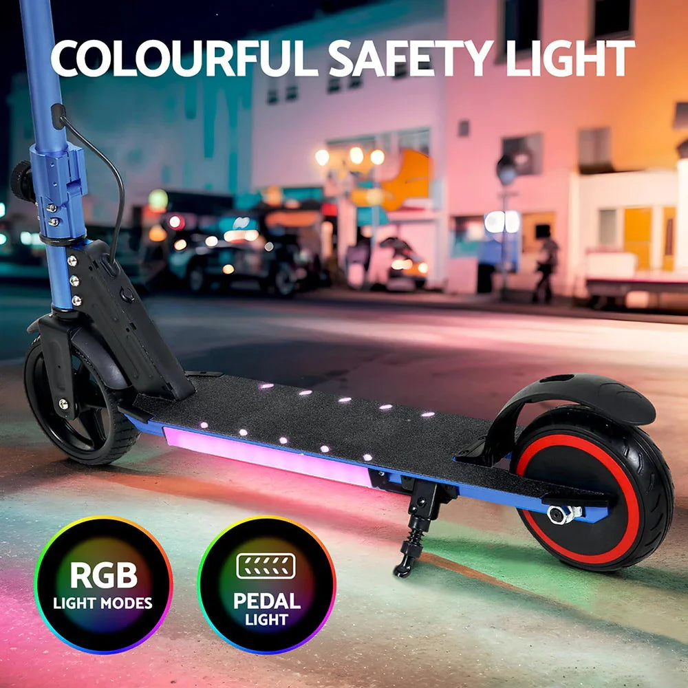 Electric scooter with RGB pedal light feature and colorful safety lighting at night