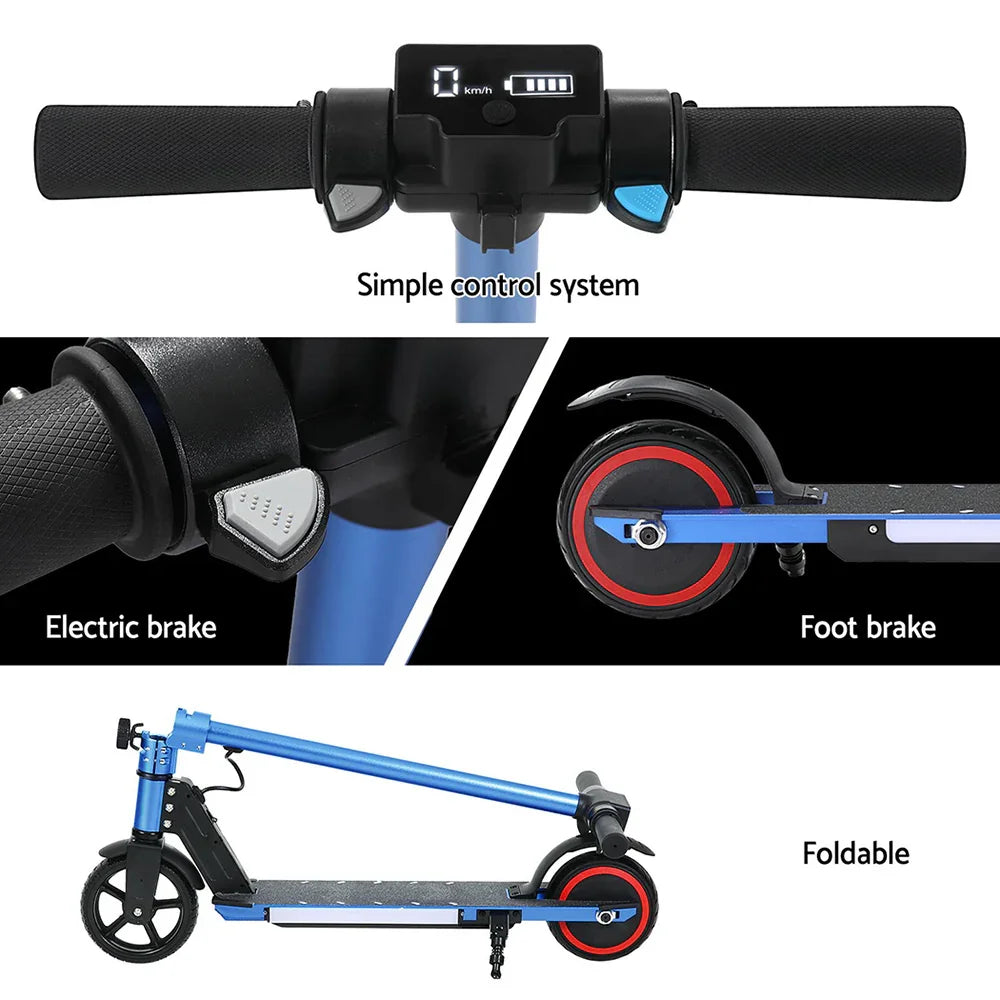 Blue foldable electric scooter with display, electric brake, and rear foot brake features