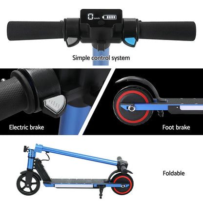 Blue foldable electric scooter with display, electric brake, and rear foot brake features