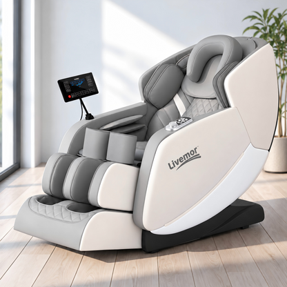 Massage chair reclined to its zero gravity angle between 125 and 155 degrees to unload the spine