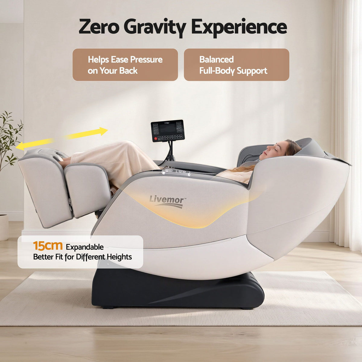 Armrest controls and short-cut key for operating the Livemor FLEX massage chair