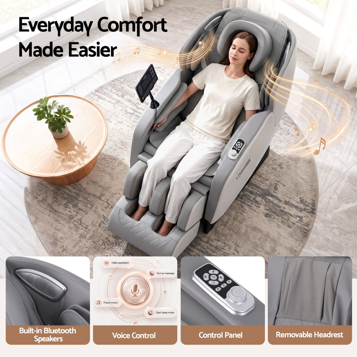 Space-saving grey massage chair with built-in wheels, rated to a 150kg maximum user weight