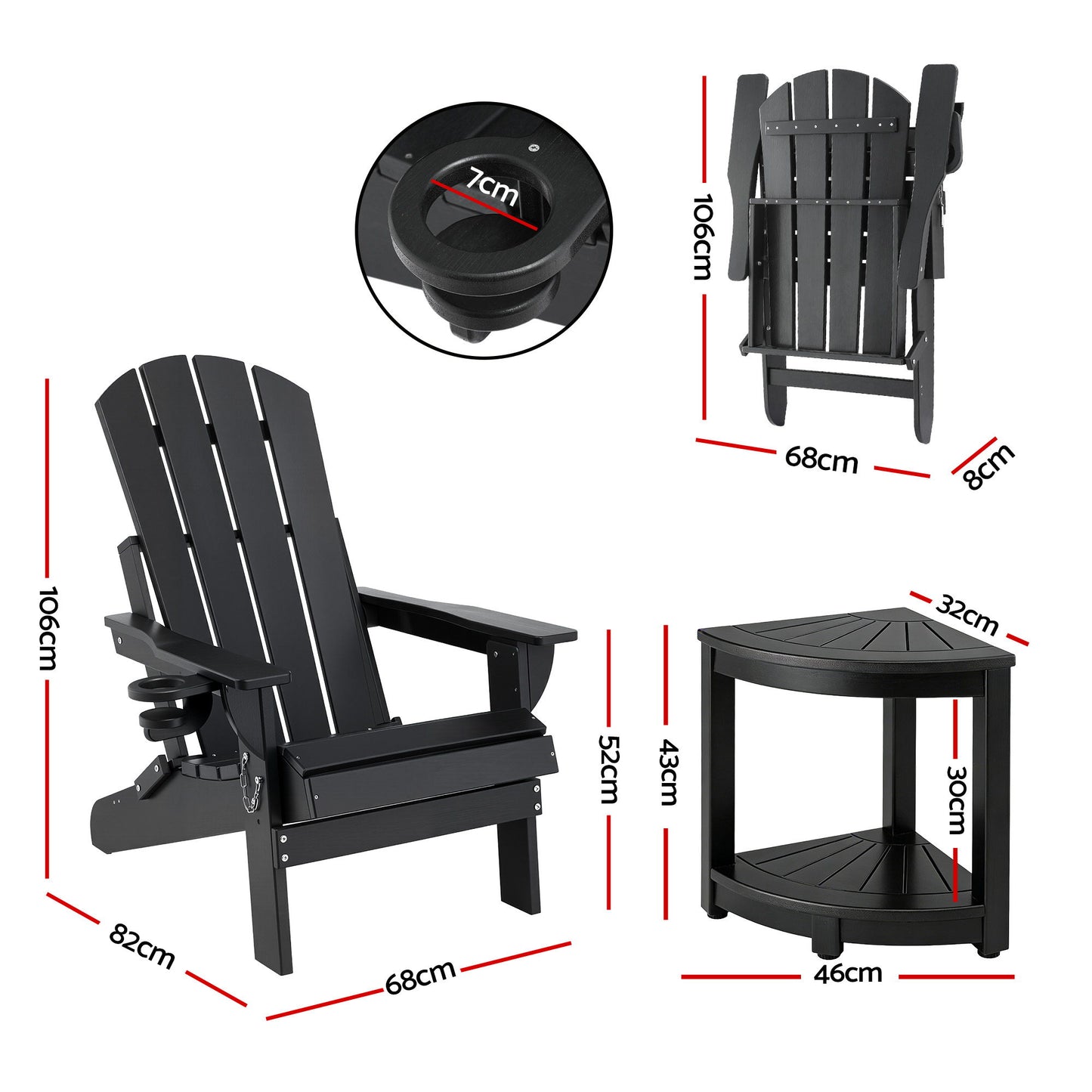 Black Adirondack chair with cup holder and matching side table, dimensions shown