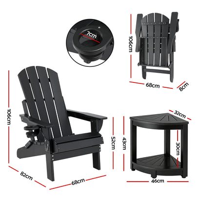 Black Adirondack chair with cup holder and matching side table, dimensions shown