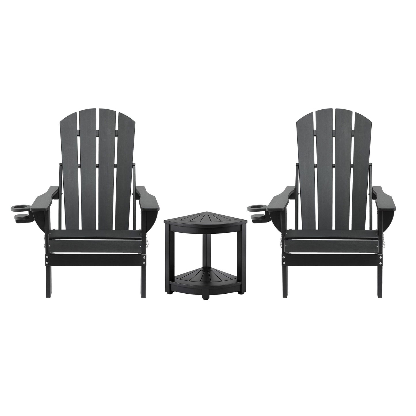Black Adirondack chairs with side table, perfect for outdoor relaxation and patio decor