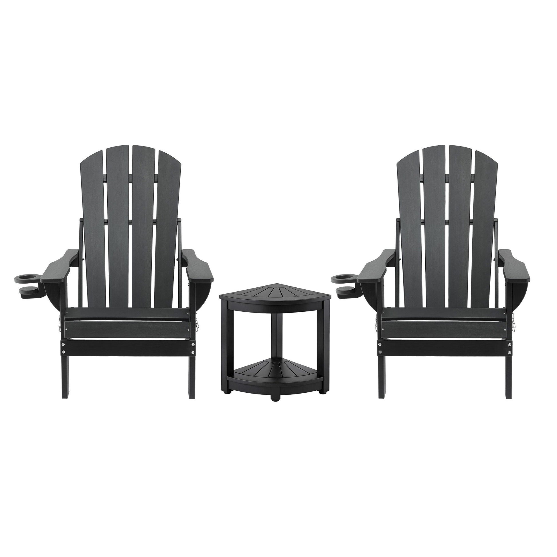Black Adirondack chairs with side table, perfect for outdoor relaxation and patio decor