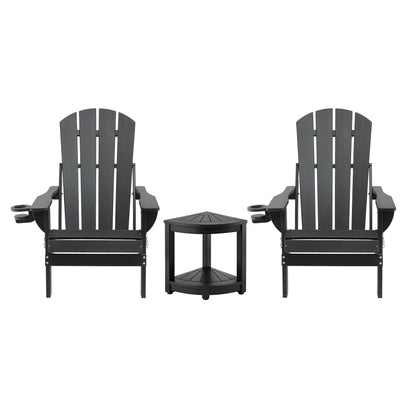 Black Adirondack chairs with side table, perfect for outdoor relaxation and patio decor