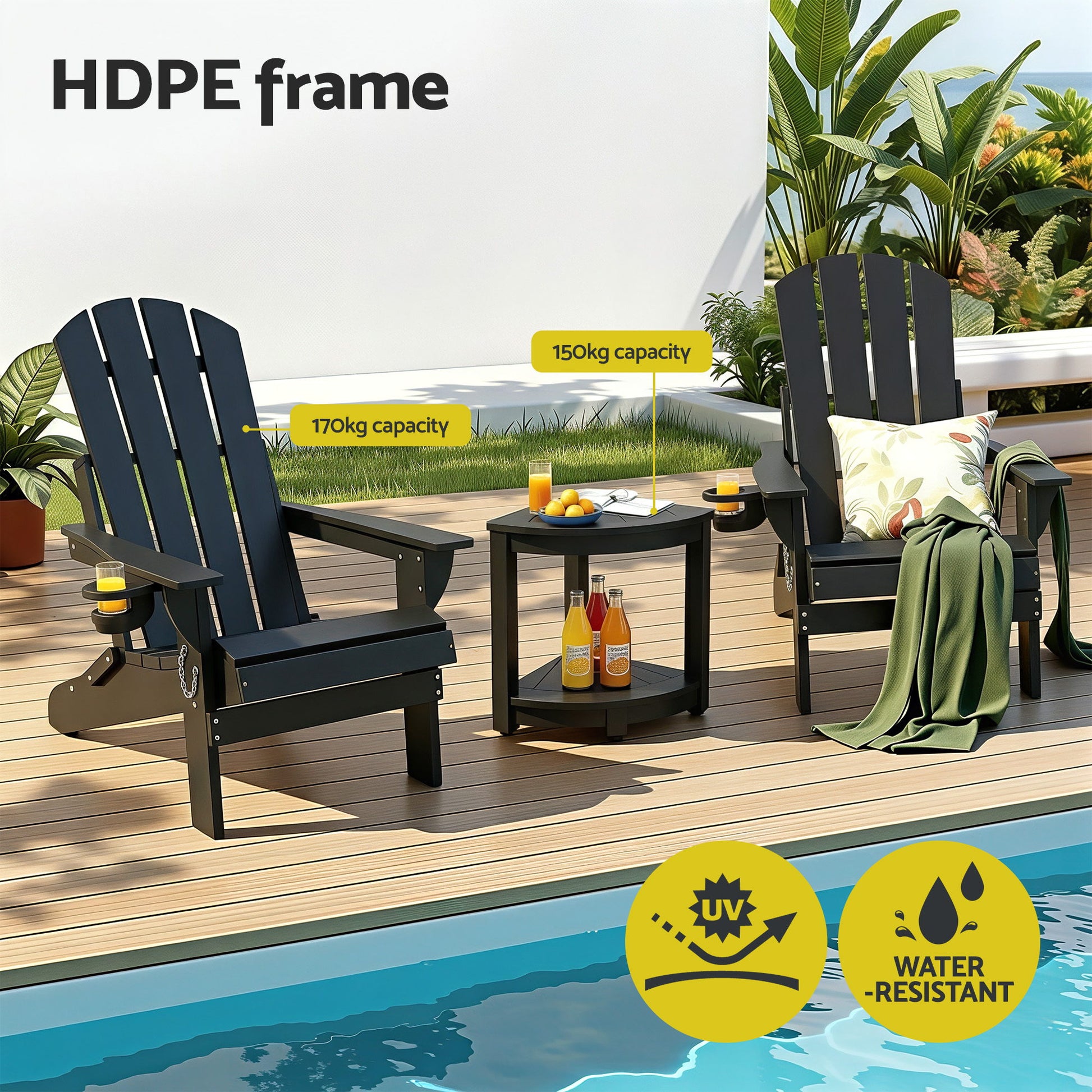 Black HDPE outdoor chairs with 170kg capacity, UV and water-resistant, beside pool on deck