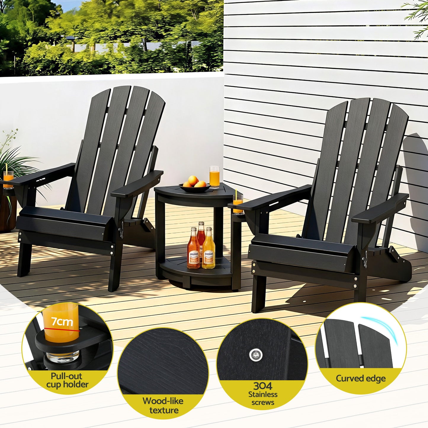 Black Adirondack chairs with cup holders, wood-like texture, and curved edges on a deck