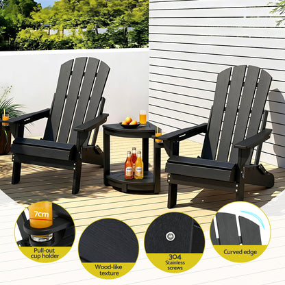 Black Adirondack chairs with cup holders, wood-like texture, and curved edges on a deck