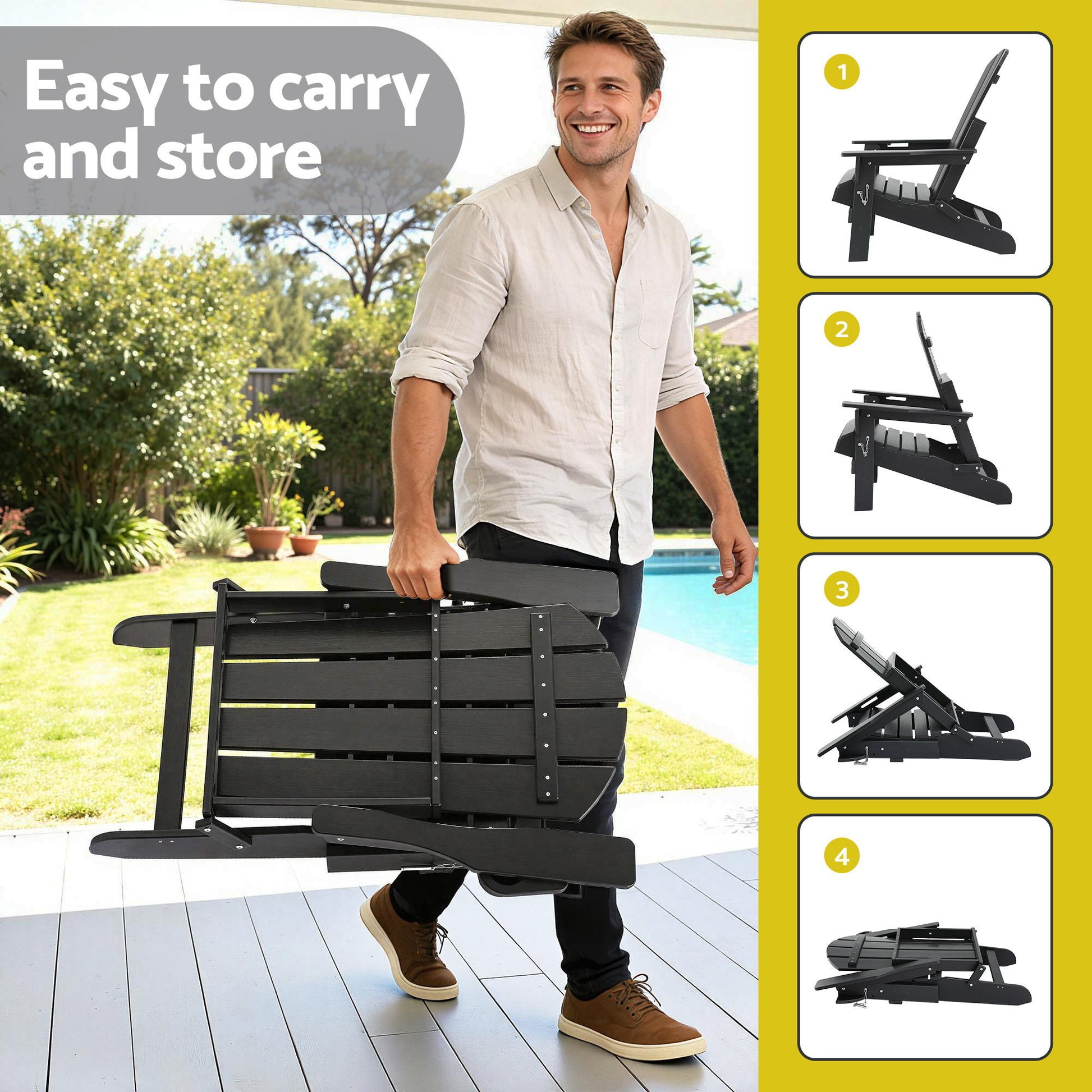 Man carrying foldable black outdoor chair, easy to store and portable for patio or poolside use
