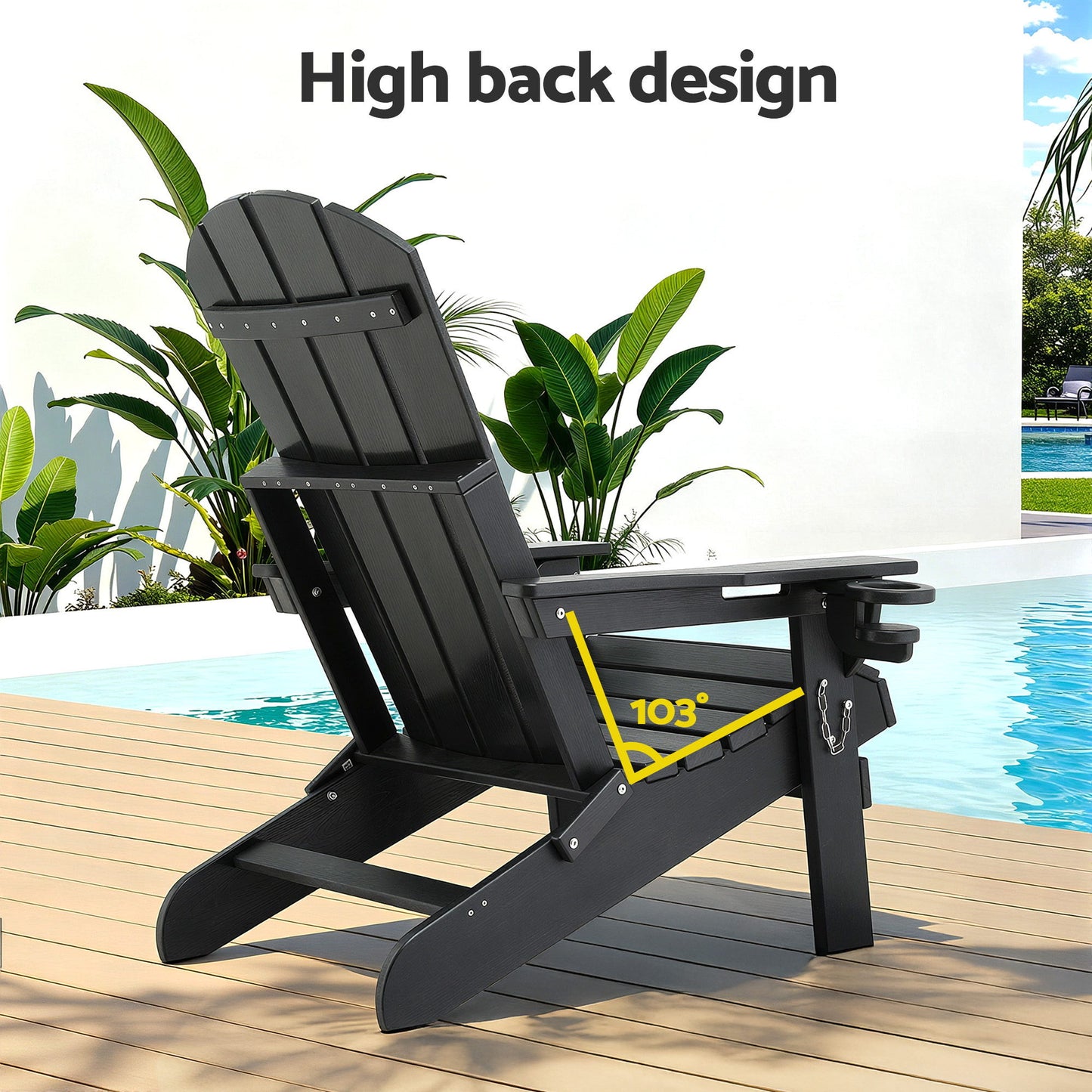 Black Adirondack chair with high back design, 103° recline, poolside on wooden deck
