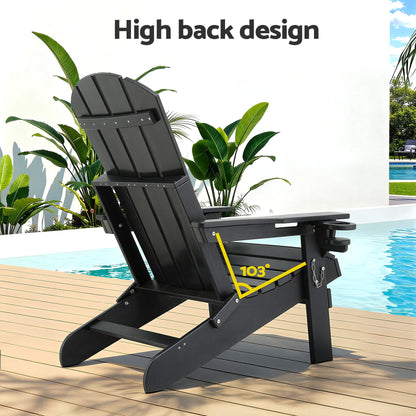 Black Adirondack chair with high back design, 103° recline, poolside on wooden deck