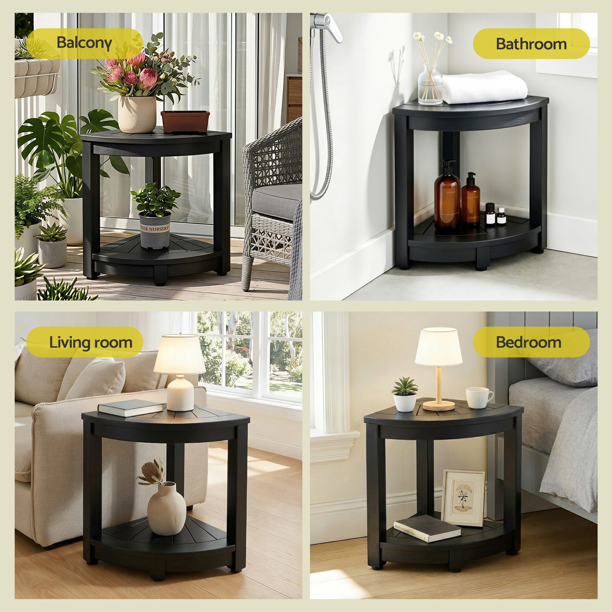 Black corner side table for balcony, bathroom, living room, or bedroom with storage shelf