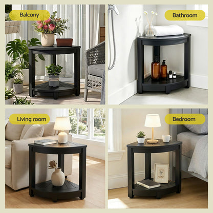 Black corner side table for balcony, bathroom, living room, or bedroom with storage shelf