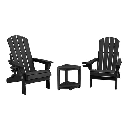 Black Adirondack chairs with side table, perfect for outdoor relaxation and patio decor