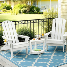 White Adirondack chairs with side table on blue patterned rug, perfect for outdoor patio relaxation.
