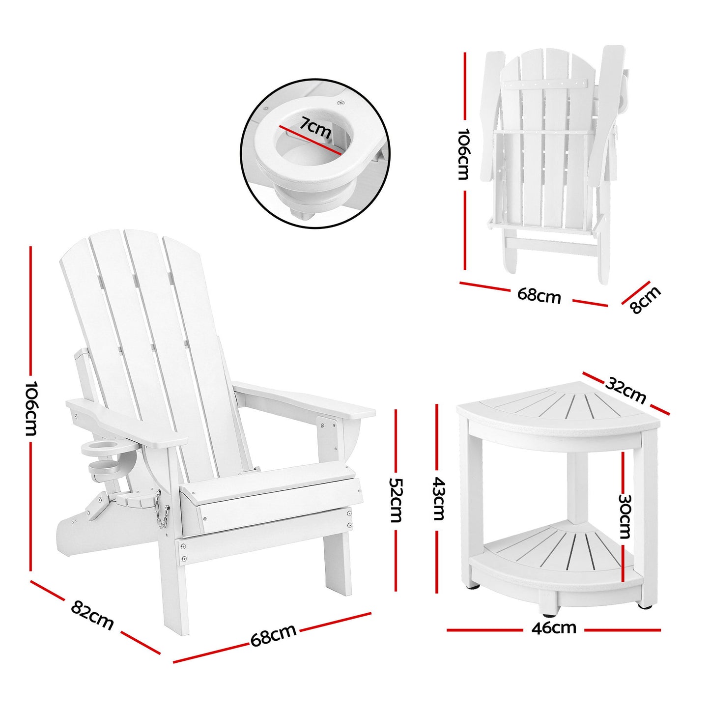 White Adirondack chair with cup holder and side table, dimensions shown for outdoor patio use