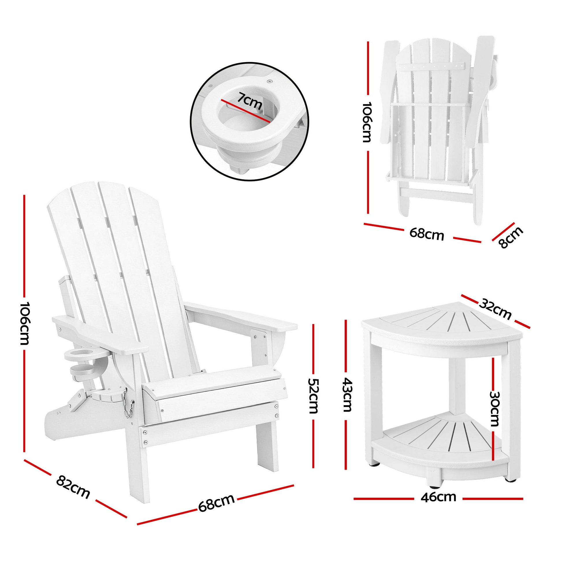 White Adirondack chair with cup holder and side table, dimensions shown for outdoor patio use