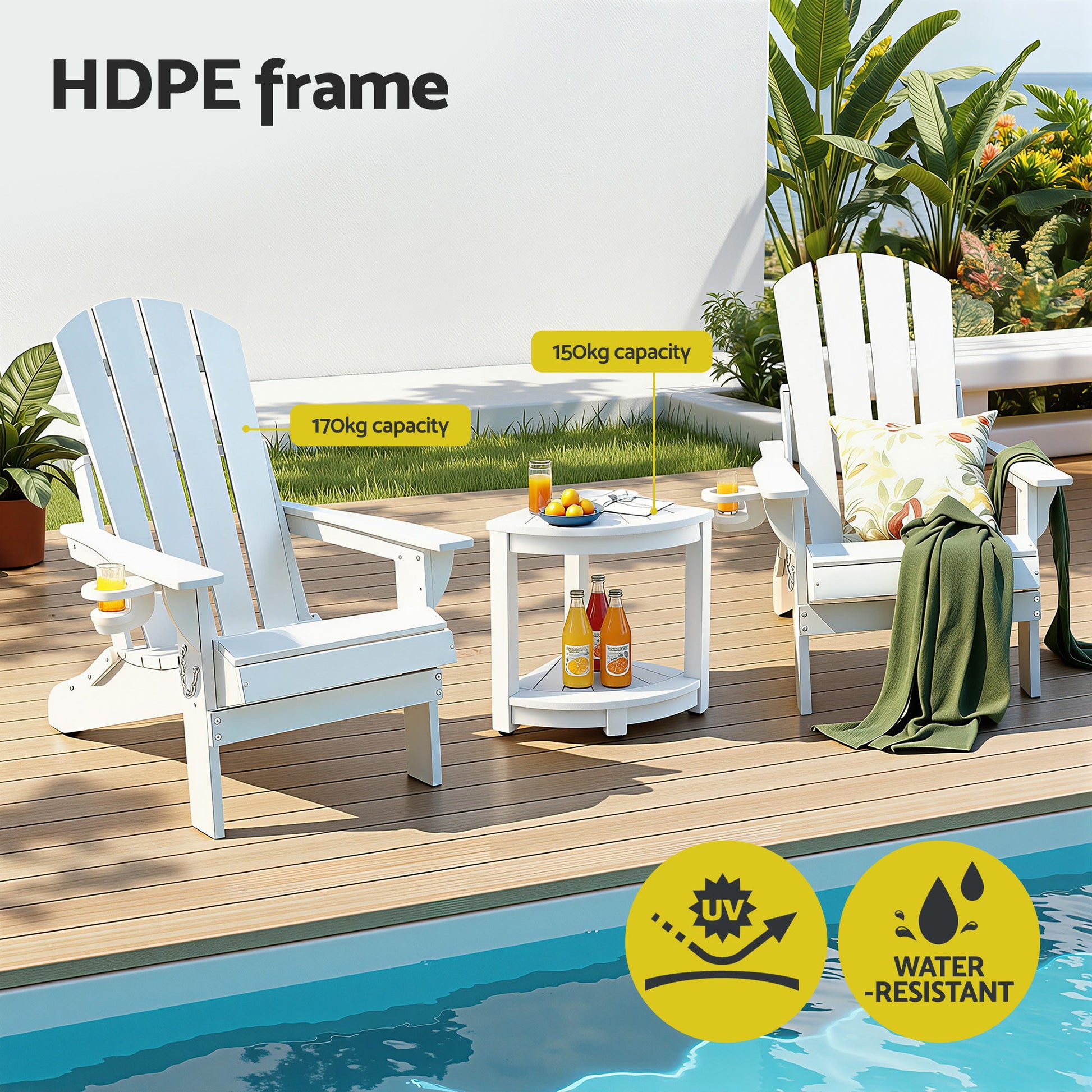 White HDPE outdoor chairs with 170kg capacity, UV and water-resistant, beside pool on deck