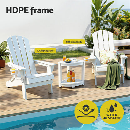 White HDPE outdoor chairs with 170kg capacity, UV and water-resistant, beside pool on deck