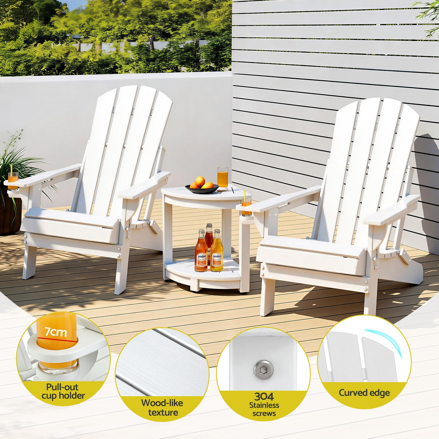 White Adirondack chairs with pull-out cup holders, wood-like texture, and curved edges on a deck