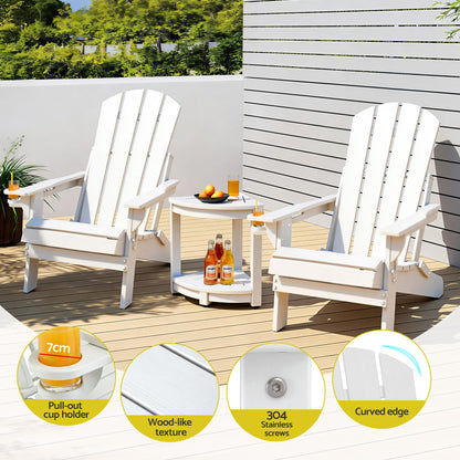 White Adirondack chairs with pull-out cup holders, wood-like texture, and curved edges on a deck