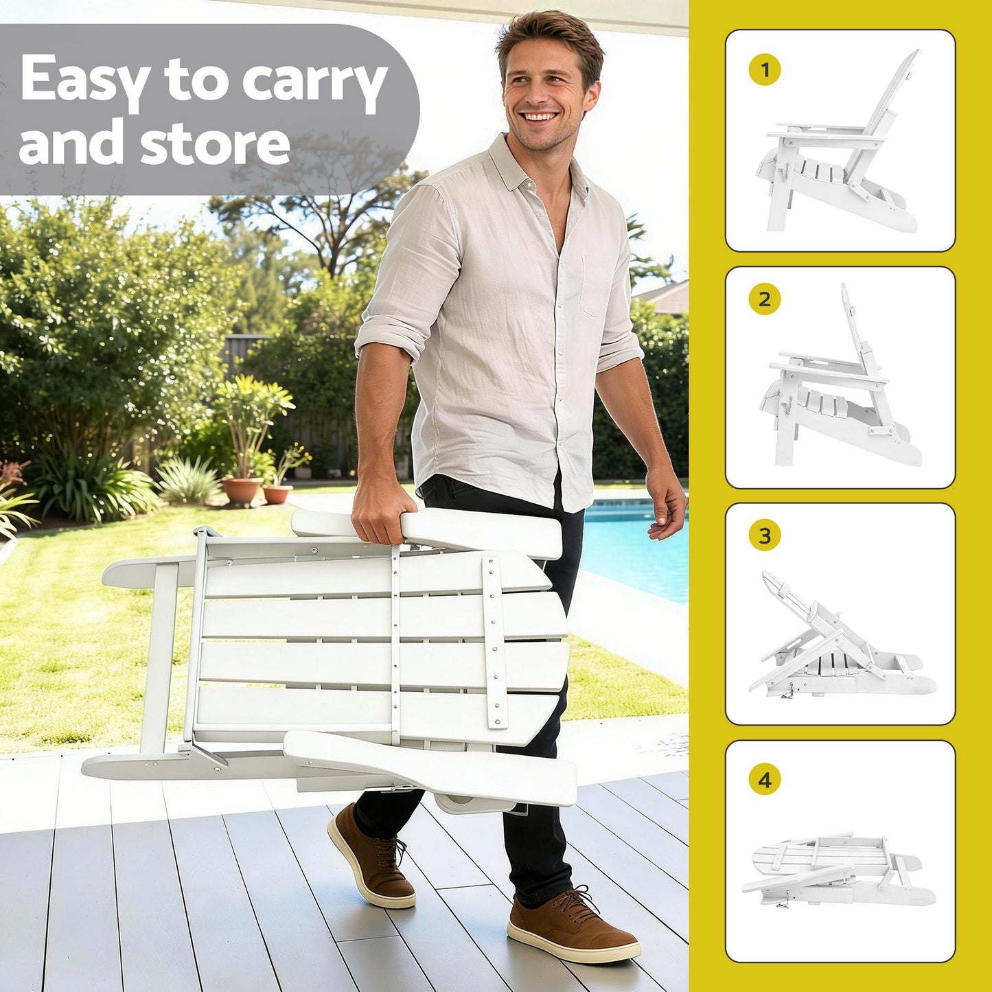 White folding Adirondack chair, easy to carry and store, perfect for patio or poolside relaxation.