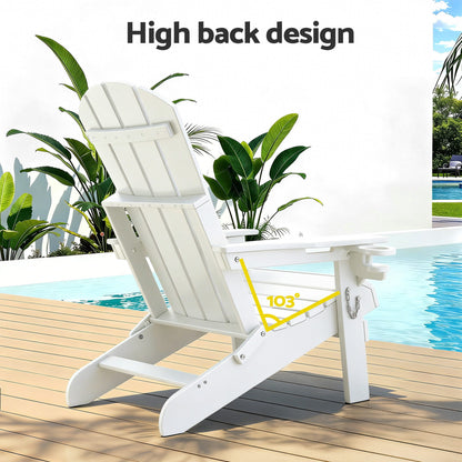 White Adirondack chair with high back design, 103° recline, poolside on wooden deck
